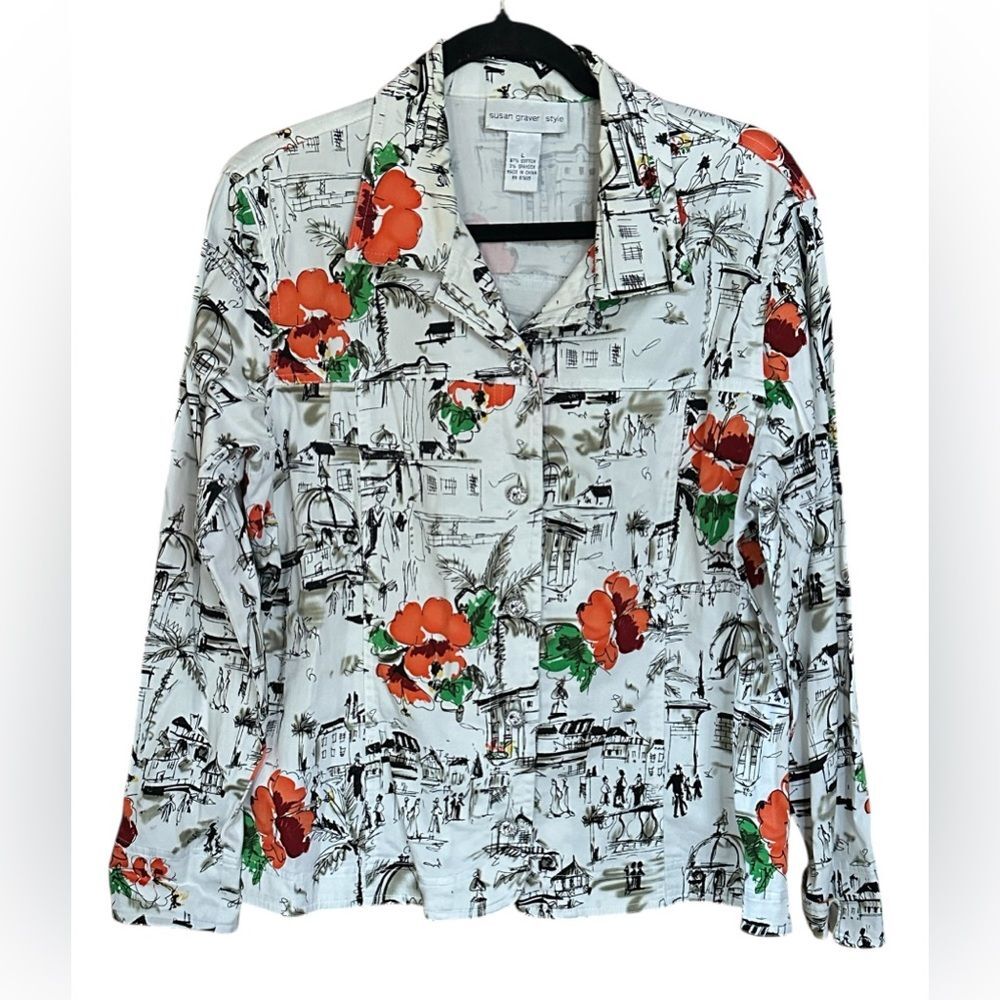 Susan Graver White Jacket Shirt w/Black Sketch Art, Rhinestone Buttons. Size Lrg